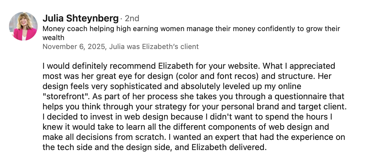 Julai Shteynberg website testimonial from linkedin