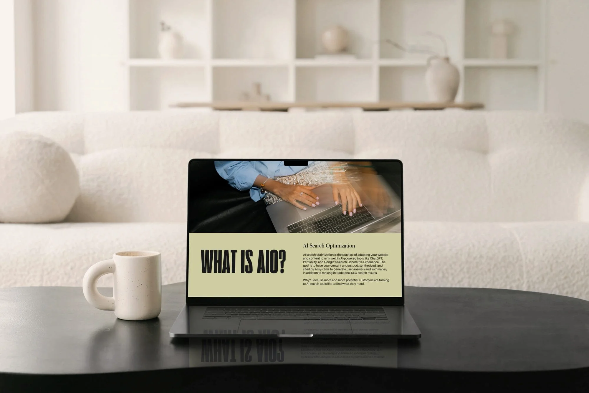 How to Optimize your website for AI Search - What is AIO laptop mock up on black table top