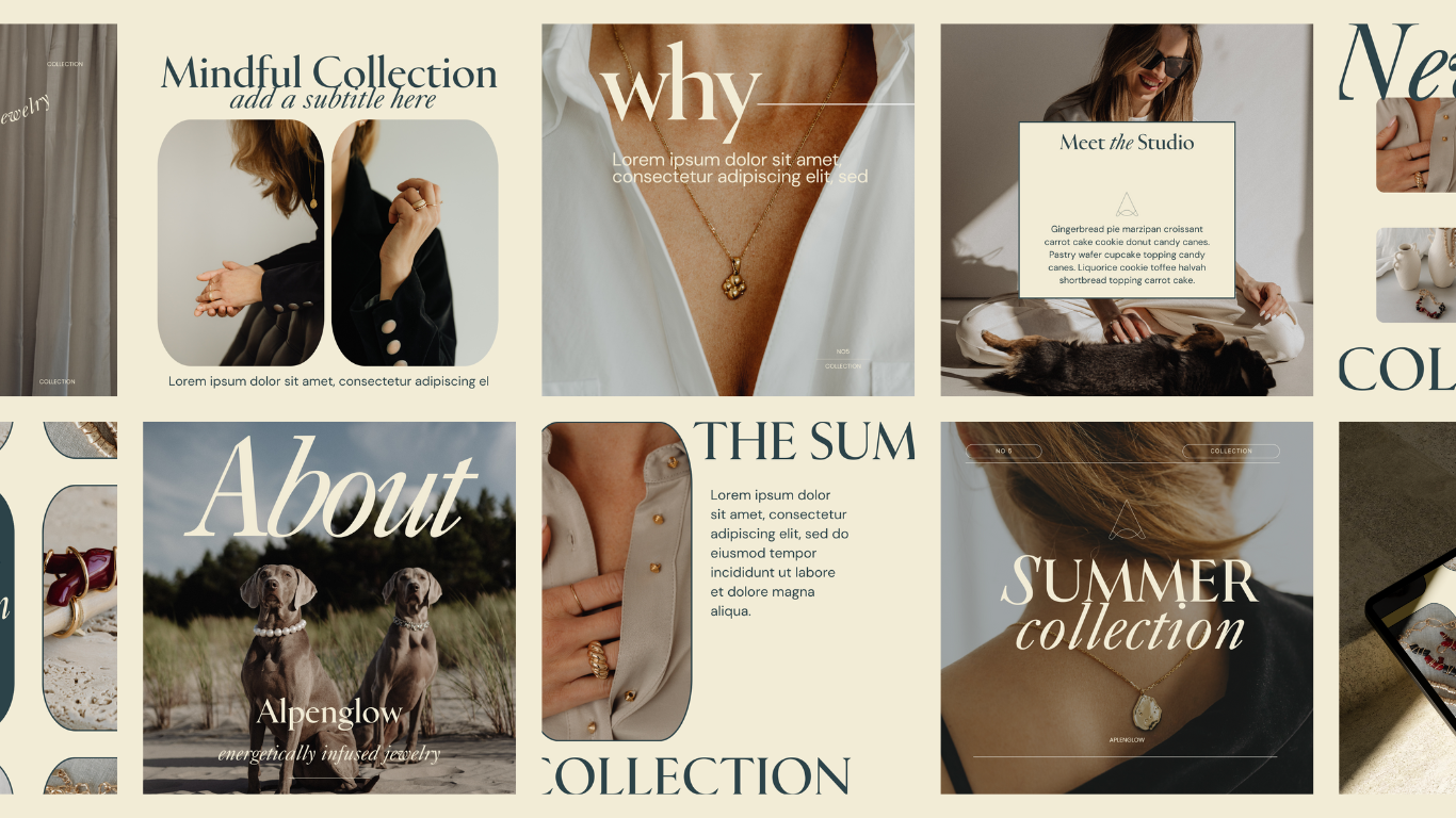 EQ Designs Website and SEO Studios Portfolio. Custom Branding and Custom Shopify Web design and development. Alpenglow Jewelry. Custom Social Media Graphics