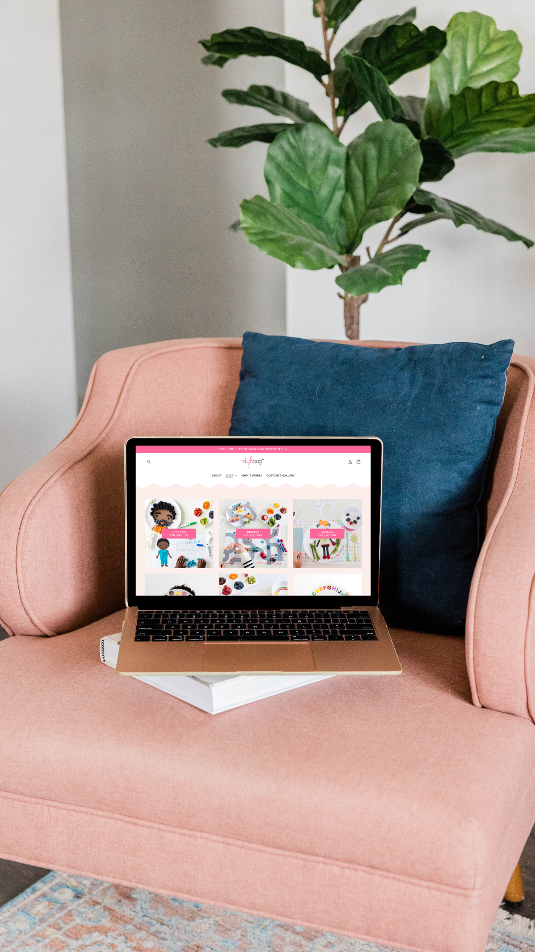 EQ Designs Website and SEO Studios Portfolio. Custom Shopify Web design and development.  Dylbug Customized Children's Plates. E-commerce Collections