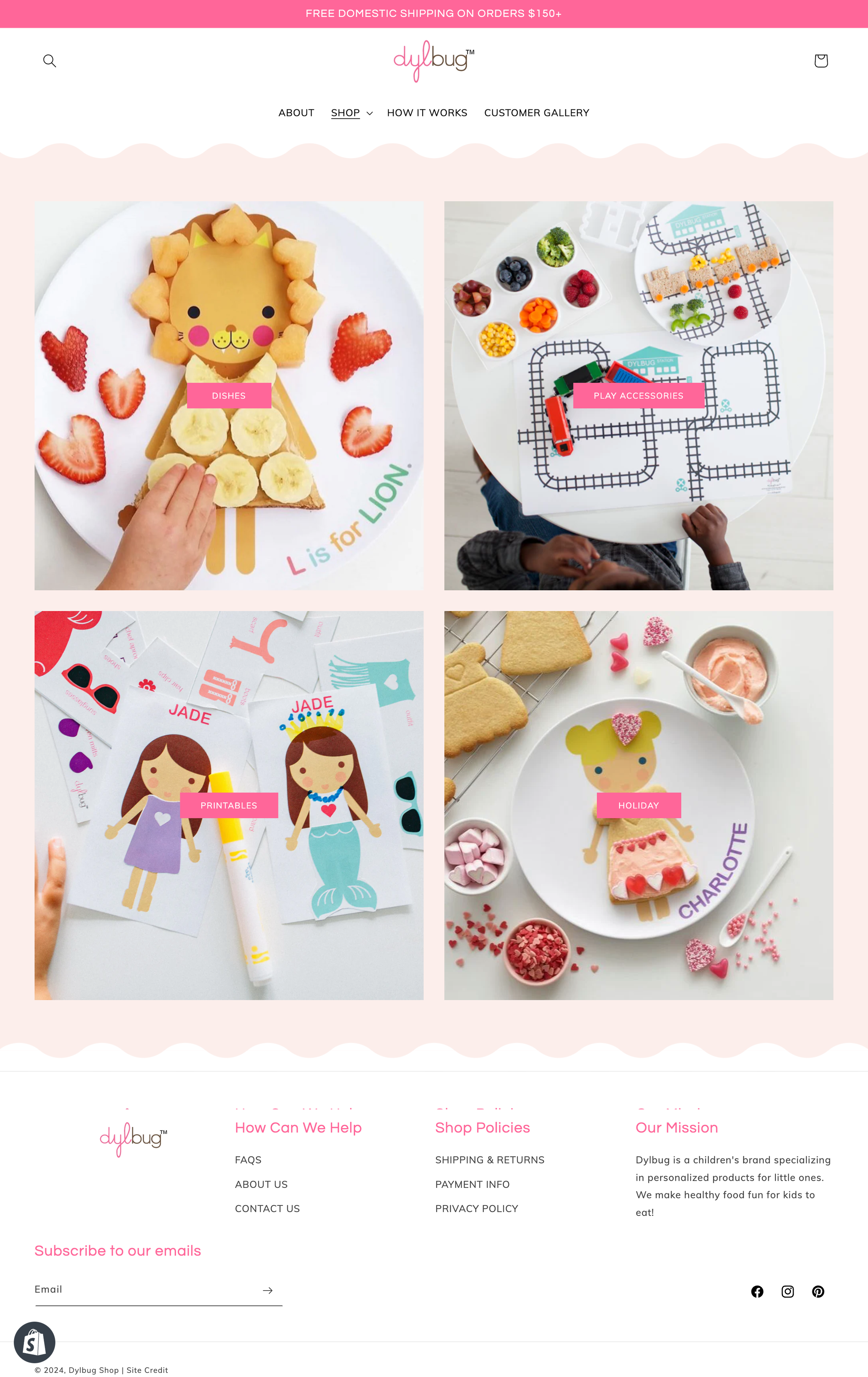 EQ Designs Website and SEO Studios Portfolio. Custom Shopify Web design and development.  Dylbug Customized Children's Plates. Collections e-commerce