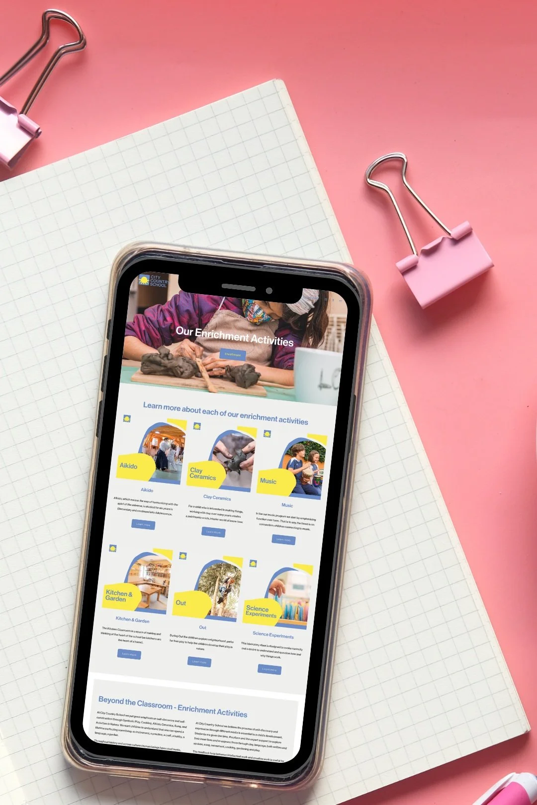 EQ Designs Website and SEO  Studios Portfolio. Custom Squarespace Web Design. City Country School . Montessori Education. parent info page web design