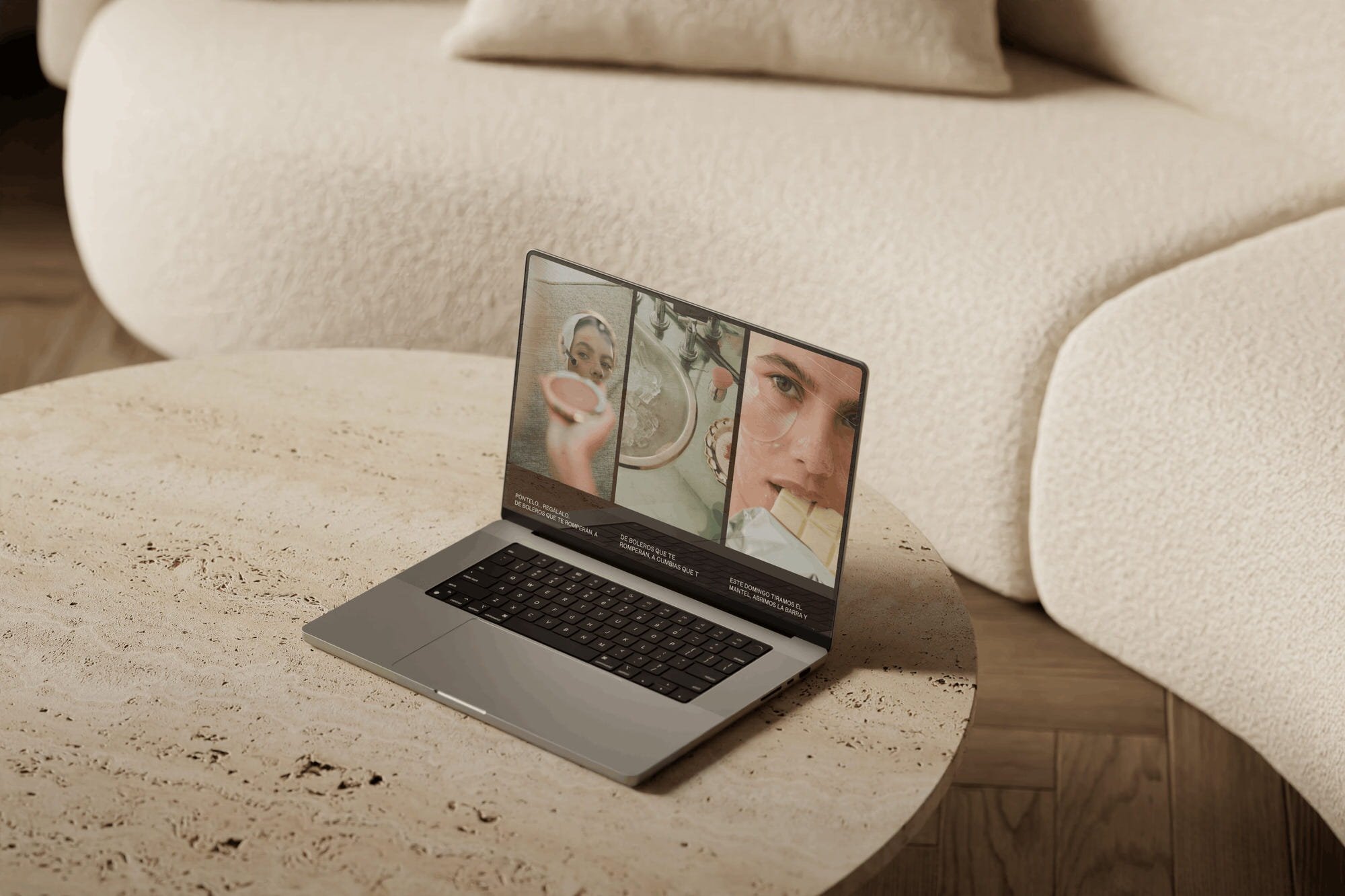 Beauty Brand Web Design laptop mock up on cream table next to cream couch