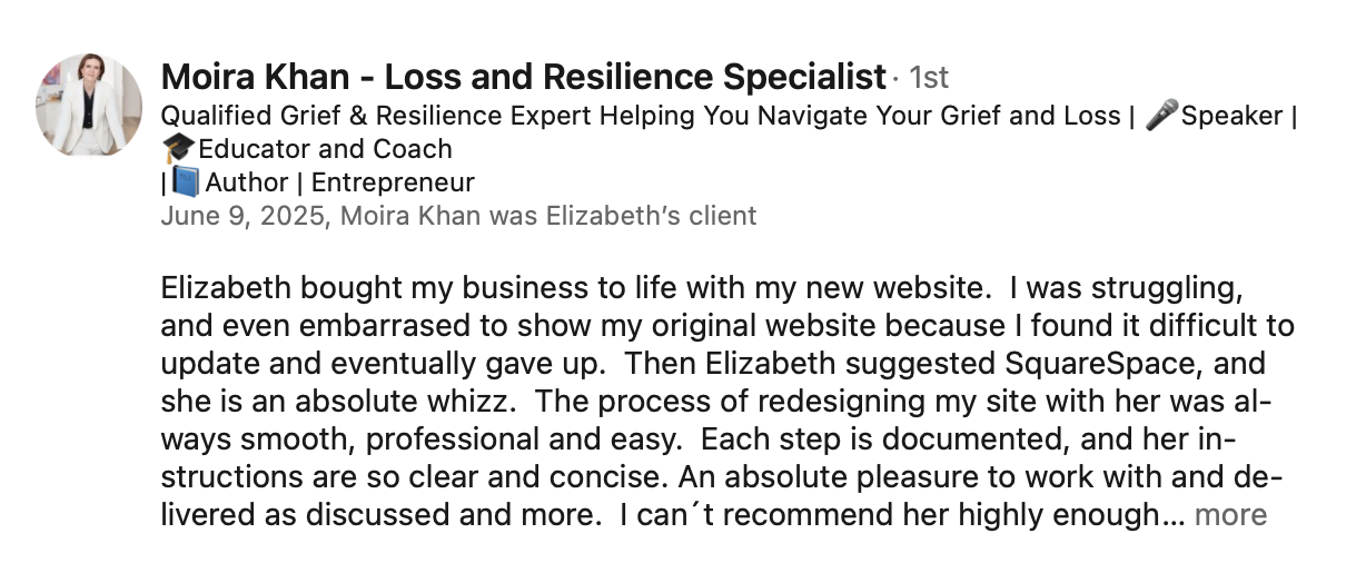 Moira Khan testimonial from LinkedIn