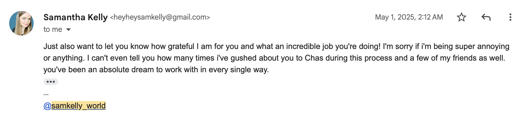 Sam Kelly email feedback review for website design