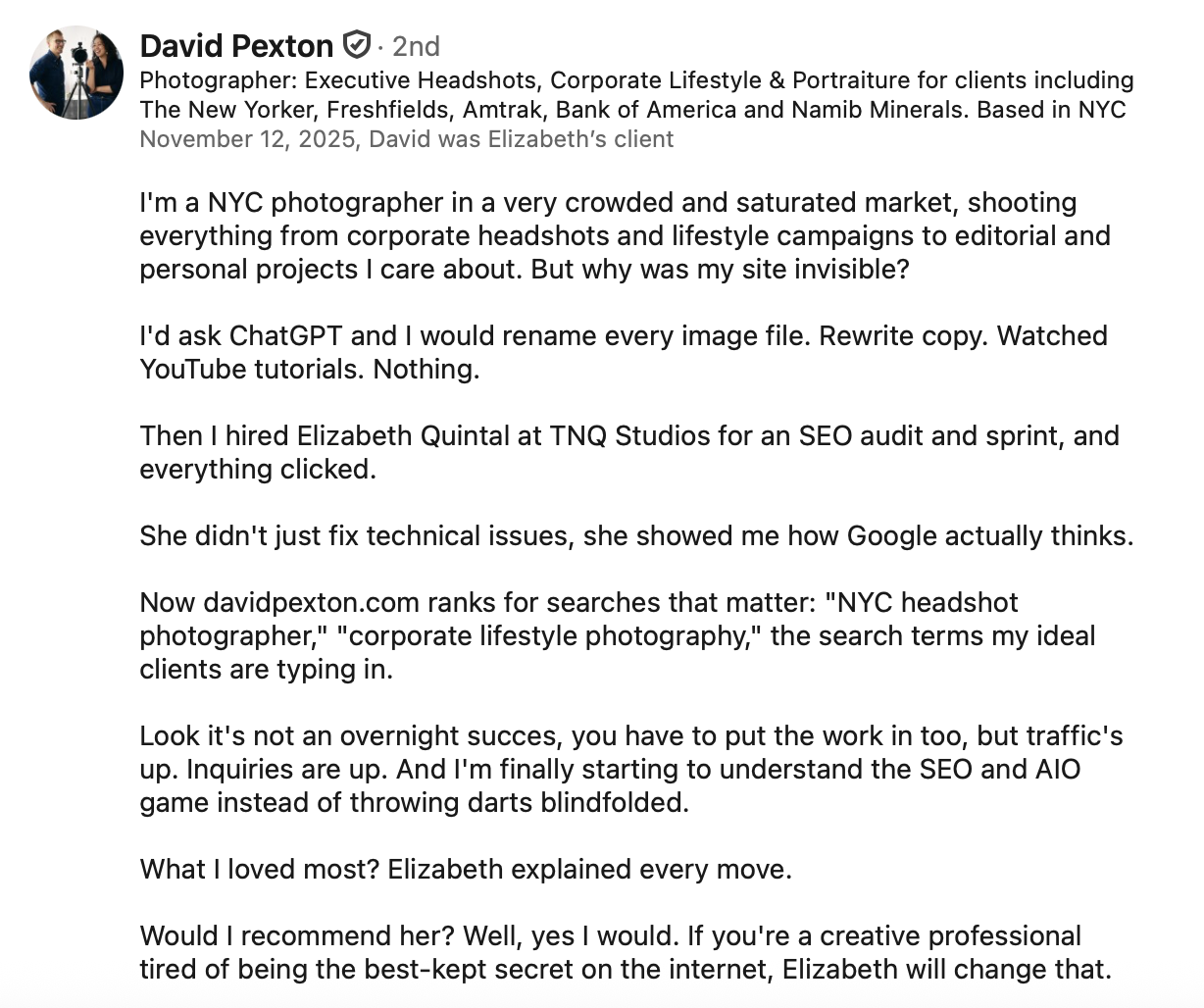 David Pexton Testimonial about SEO Services for website