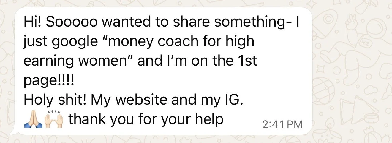 Money Coach Julia. SEO AIO testimonial. EQ Designs