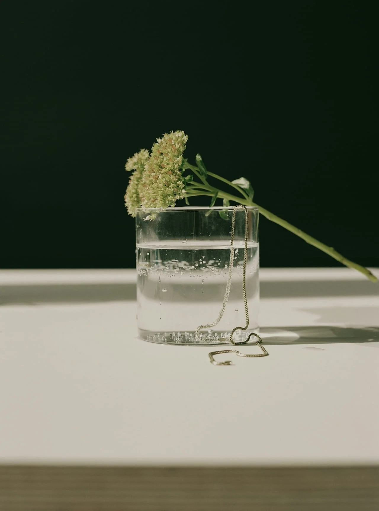 glass of water on cream table with flower placed on top