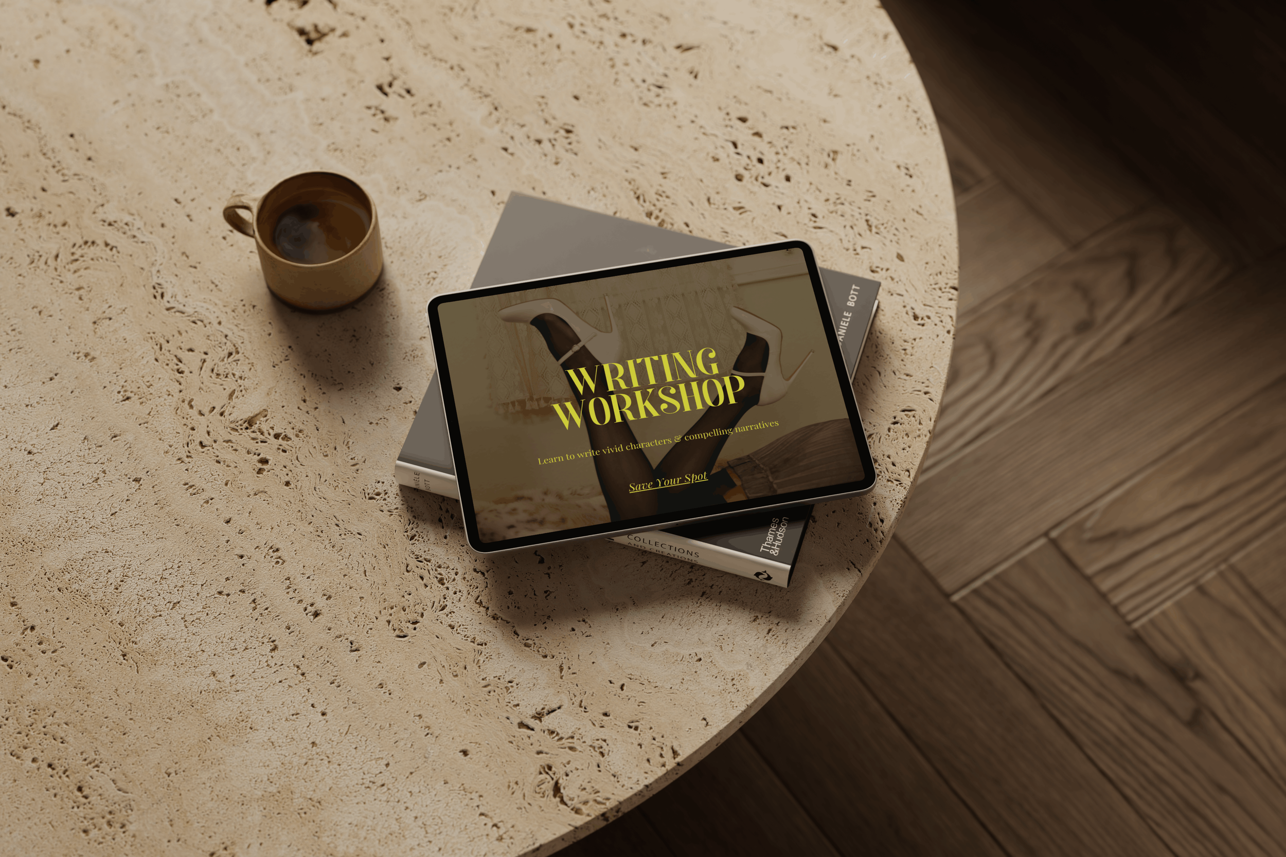 website for writers and authors web design Ipad mock up on top of a book atop a marble coffee table next to coffee cup