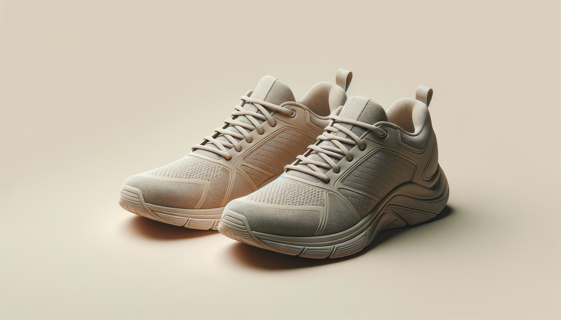 A pair of beige athletic sneakers on a light background.
