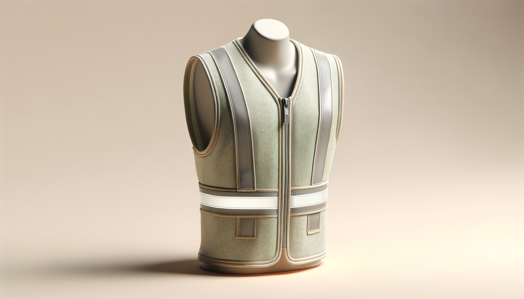 A beige futuristic vest with reflective silver strips displayed on a mannequin bust against a neutral background.