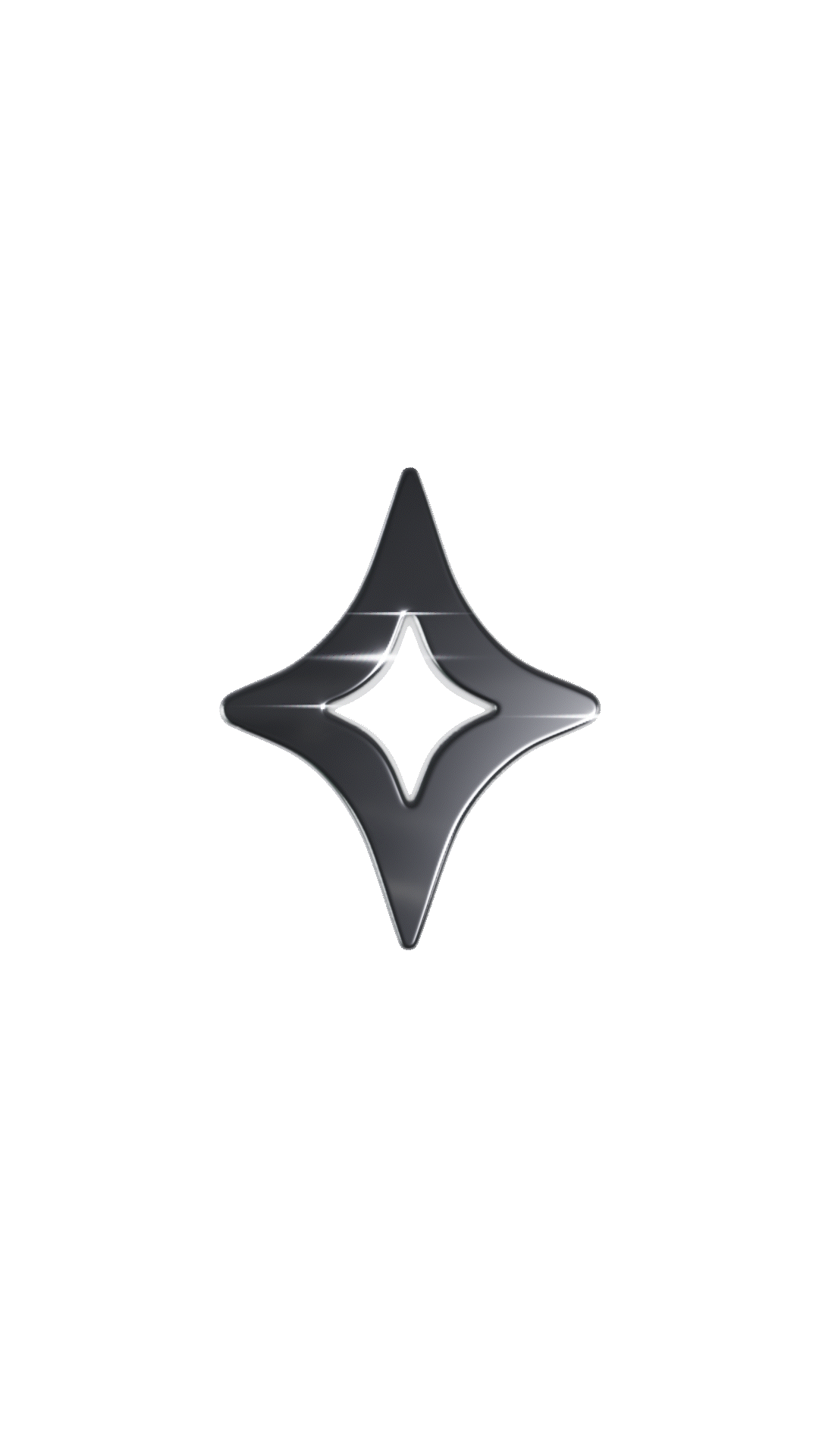 A black background with a shiny, metallic silver crystal-shaped logo in the center.