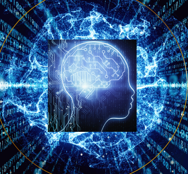 Digital illustration of a human head silhouette filled with circuit lines and a brain outline, surrounded by a glowing blue digital network and binary code.