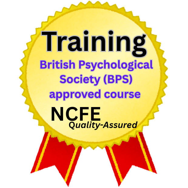 A badge with a gold border, yellow inner circle, and red ribbons at the bottom. It contains text that reads: "Training British Psychological Society (BPS) approved course NCFE Quality-Assured."