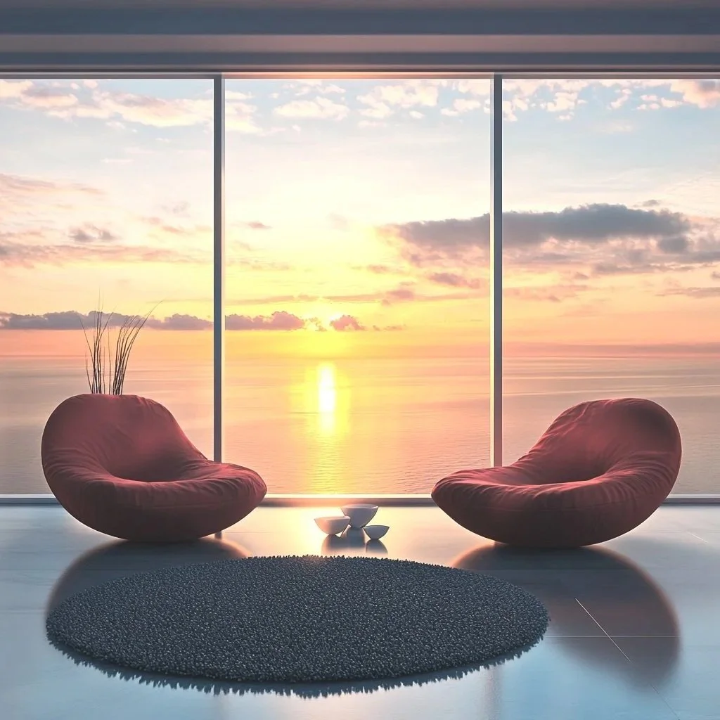 Modern living room with large floor-to-ceiling windows showing a sunset over the ocean, two red bean bag chairs, a small round black rug, a white decorative bowl, and a tall plant in the corner.