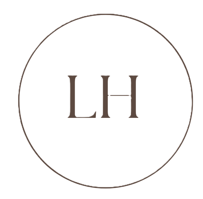 A black circular logo with a thin white outline and the initials "LH" in the center.
