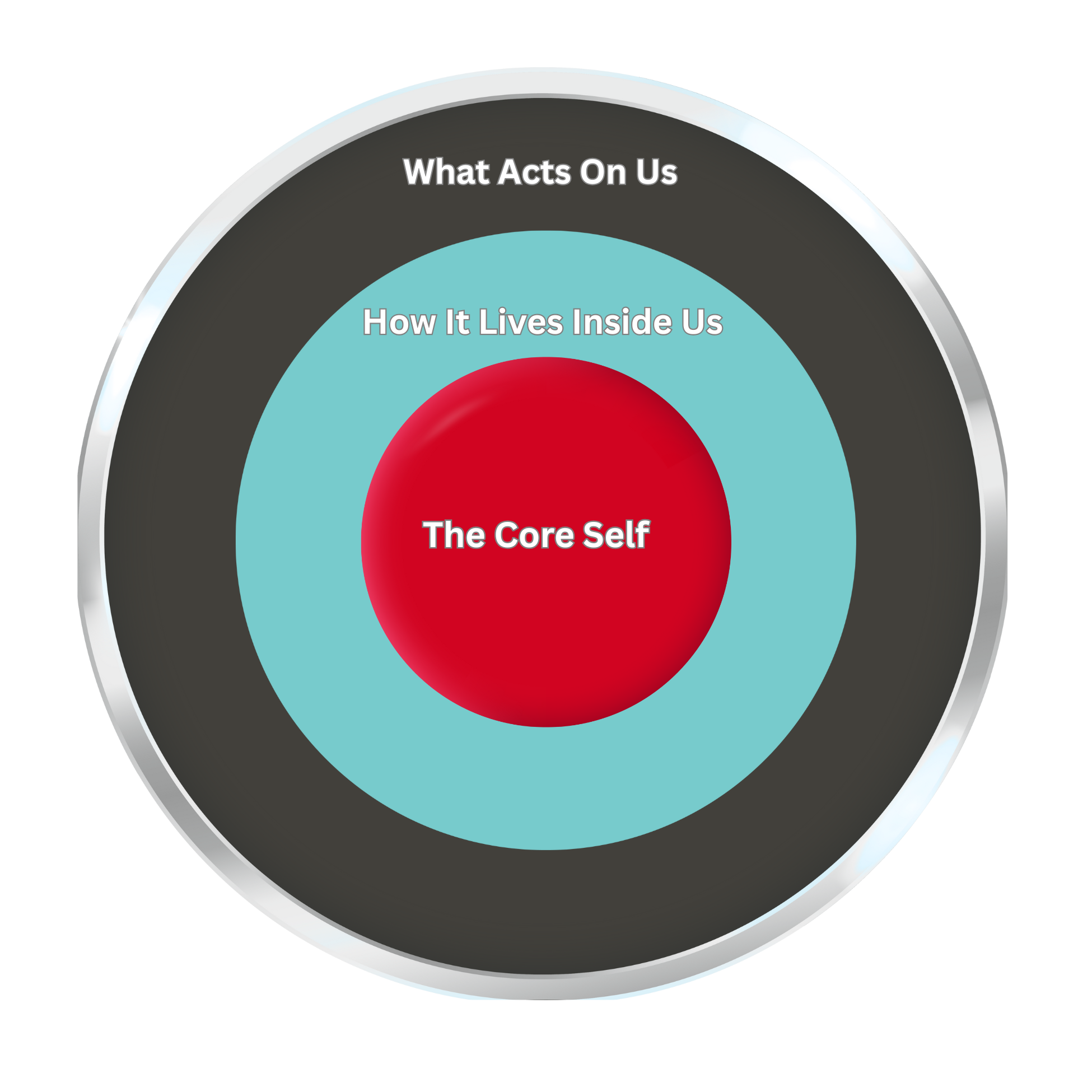 Diagram with concentric circles labeled from center outward: The Core Self, How It Lives Inside Us, What Acts On Us.