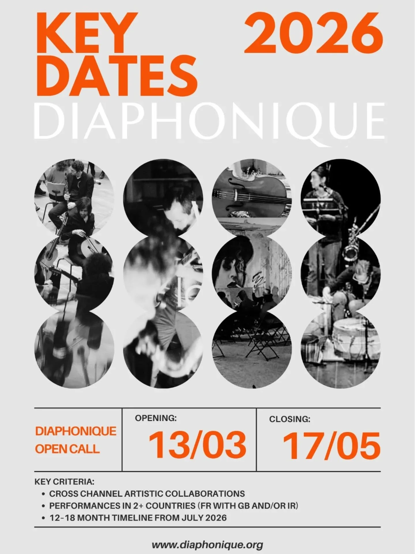 Diaphonique Open Call Key Dates : 📅 13 March &ndash; 17 May 2026

The Diaphonique open call will open in just over a month.
If you&rsquo;re an artist or ensemble based in France, the UK or Ireland, working in music or sound-based performance, and lo