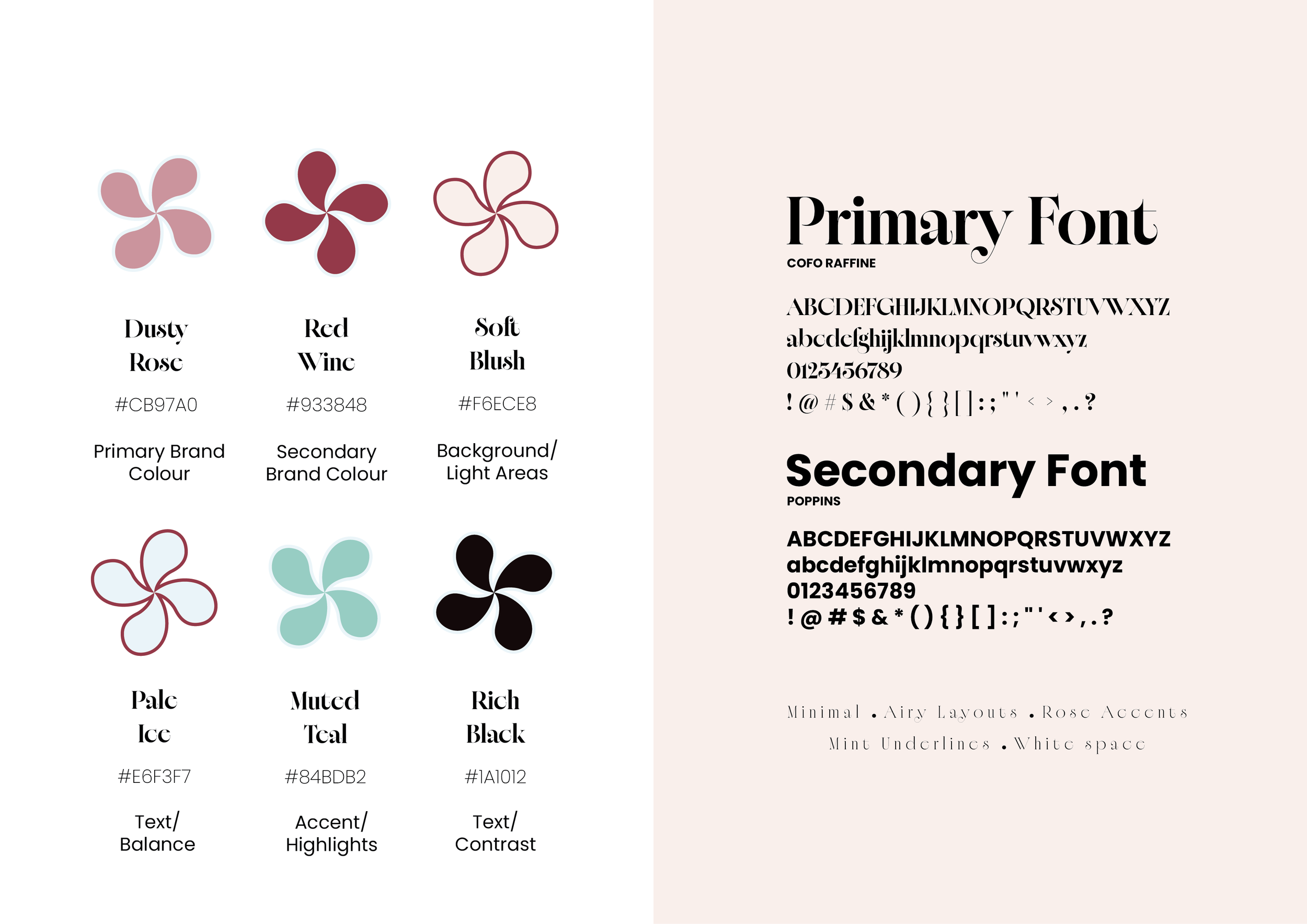 A balance of dusty rose, wine red, and muted teal. Warm yet grounded tones that embody confidence, femininity, and peace.

Cofo Raffine meets Poppins: elegance paired with modern clarity.
Minimal, airy layouts allow every word and colour to breathe.