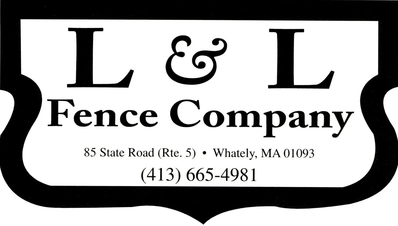 Logo for L & L Fence Company, featuring a black and white shield shape with the company name, address, and phone number.