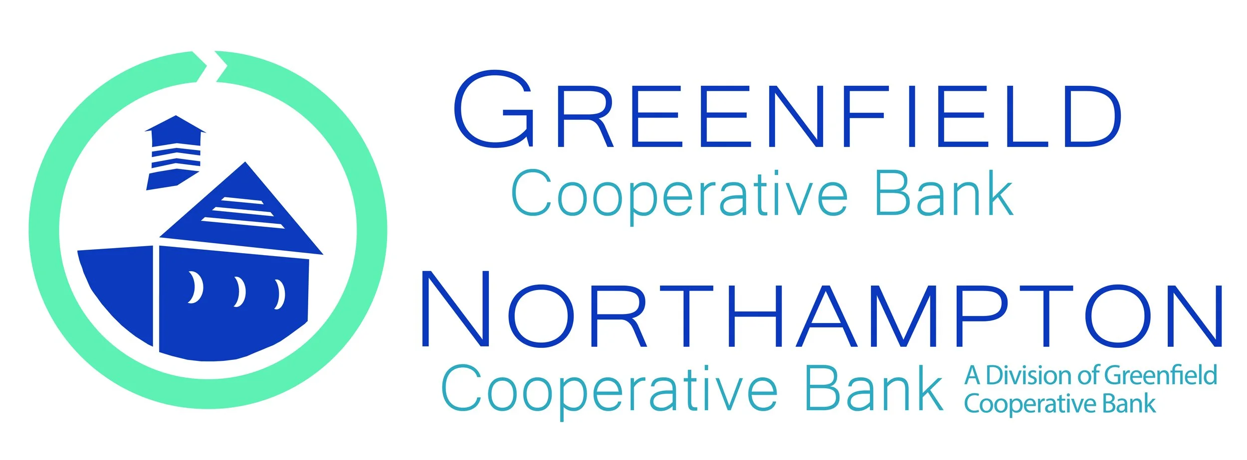 Logo of Greenfield Cooperative Bank Northampton featuring a blue house and upward arrows inside a light green circle, with text indicating the bank is a division of Greenfield Cooperative Bank.