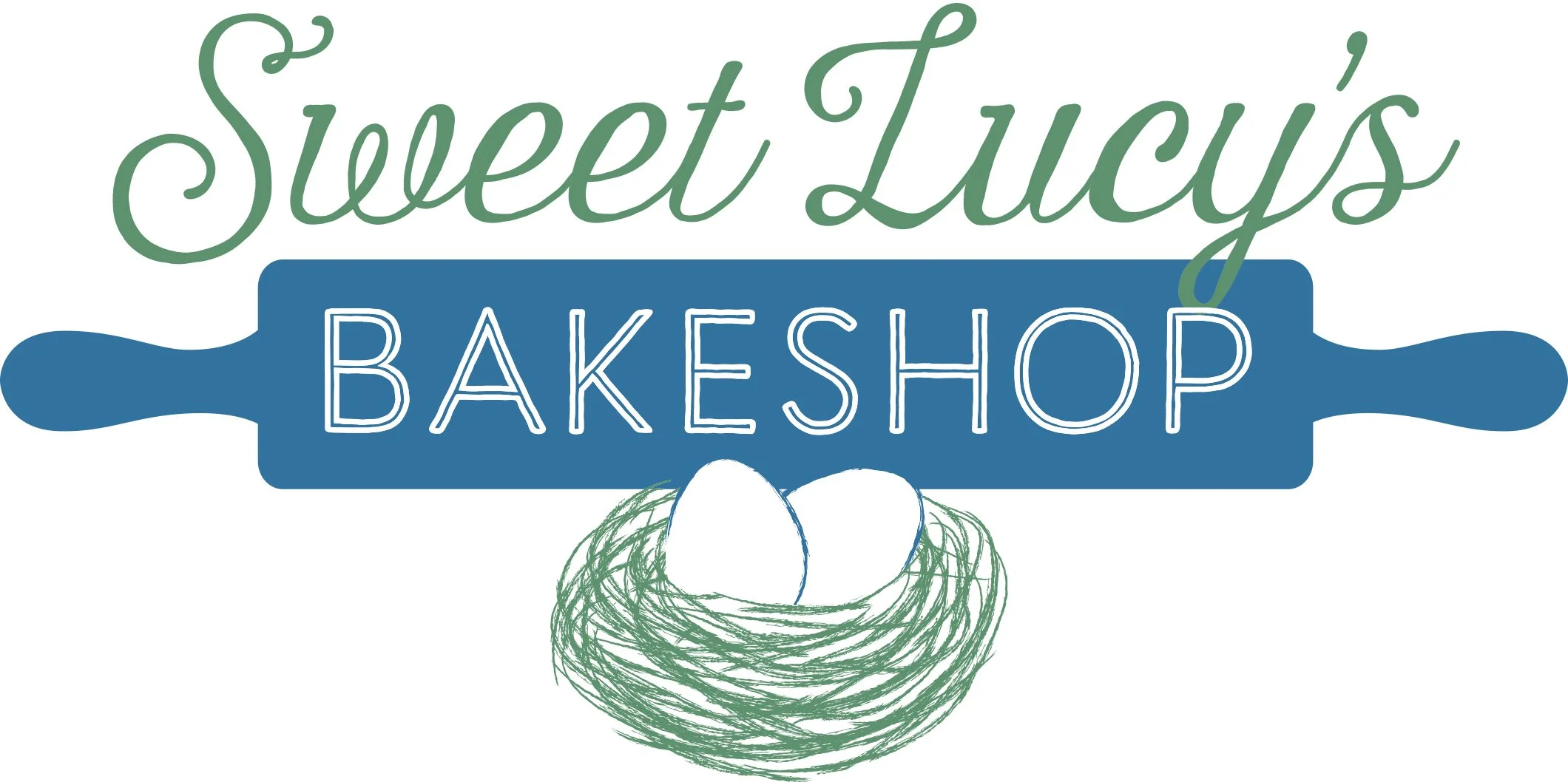 Logo for Sweet Lucy's Bakeshop featuring a blue rolling pin with the words 'Sweet Lucy's' in green cursive font and 'BAKESHOP' in white capital letters, with a nest of green lines holding two white eggs below.