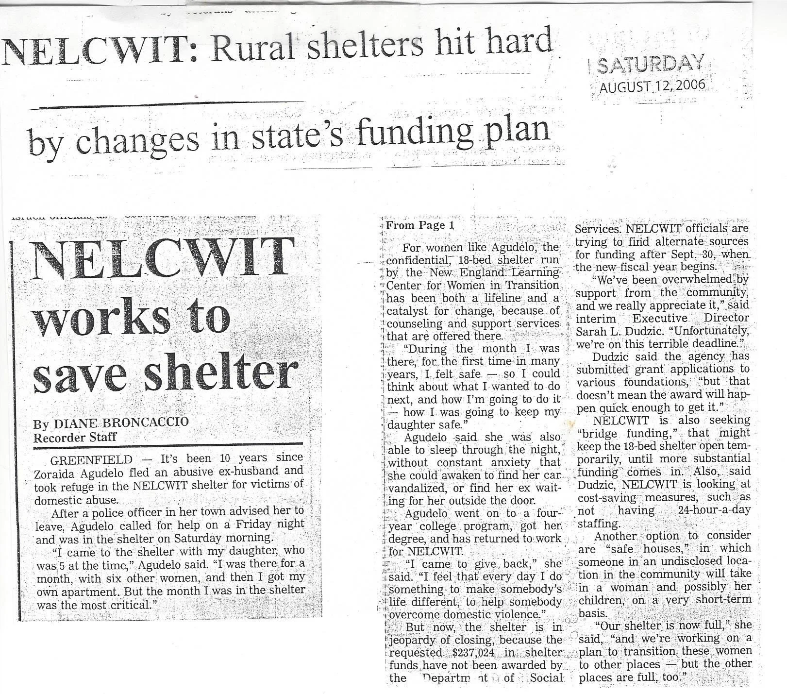 Newspaper article titled 'NELCWIT works to save shelter' from August 12, 2006, discussing efforts to maintain a 10-year-old shelter for victims of domestic abuse, including quotes from a shelter resident, Zoraida Agudelo.