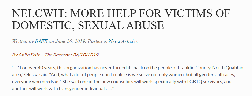 Screenshot of a news article titled 'NELCWIT: MORE HELP FOR VICTIMS OF DOMESTIC, SEXUAL ABUSE', written by Anita Fritz, published on June 26, 2019, discussing support services for victims.