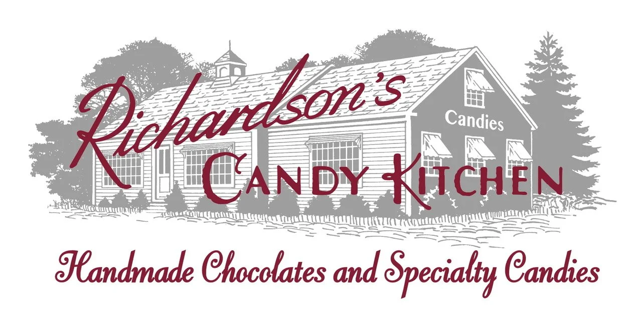 A logo for Richardson's Candy Kitchen features a sketch of a building with trees in the background, the text 'Richardson's Candy Kitchen' in maroon and white, and the tagline 'Handmade Chocolates and Specialty Candies' underneath.