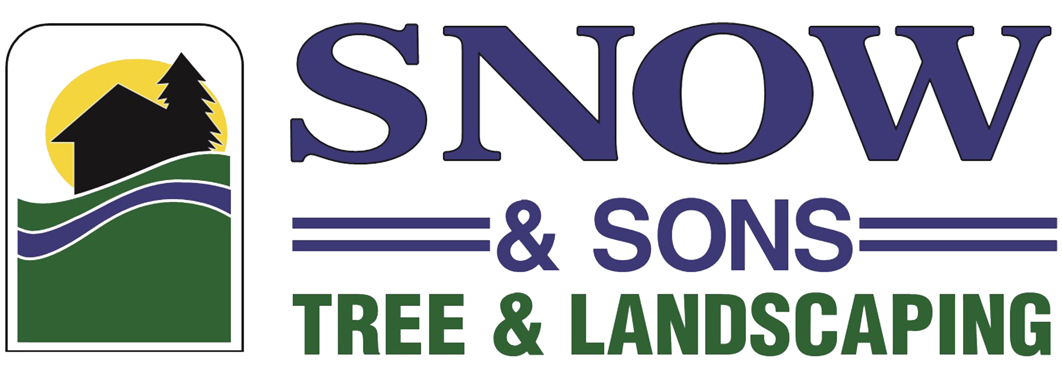 Logo of Snow & Sons Tree & Landscaping featuring a house, pine tree, hills, sun, and water.