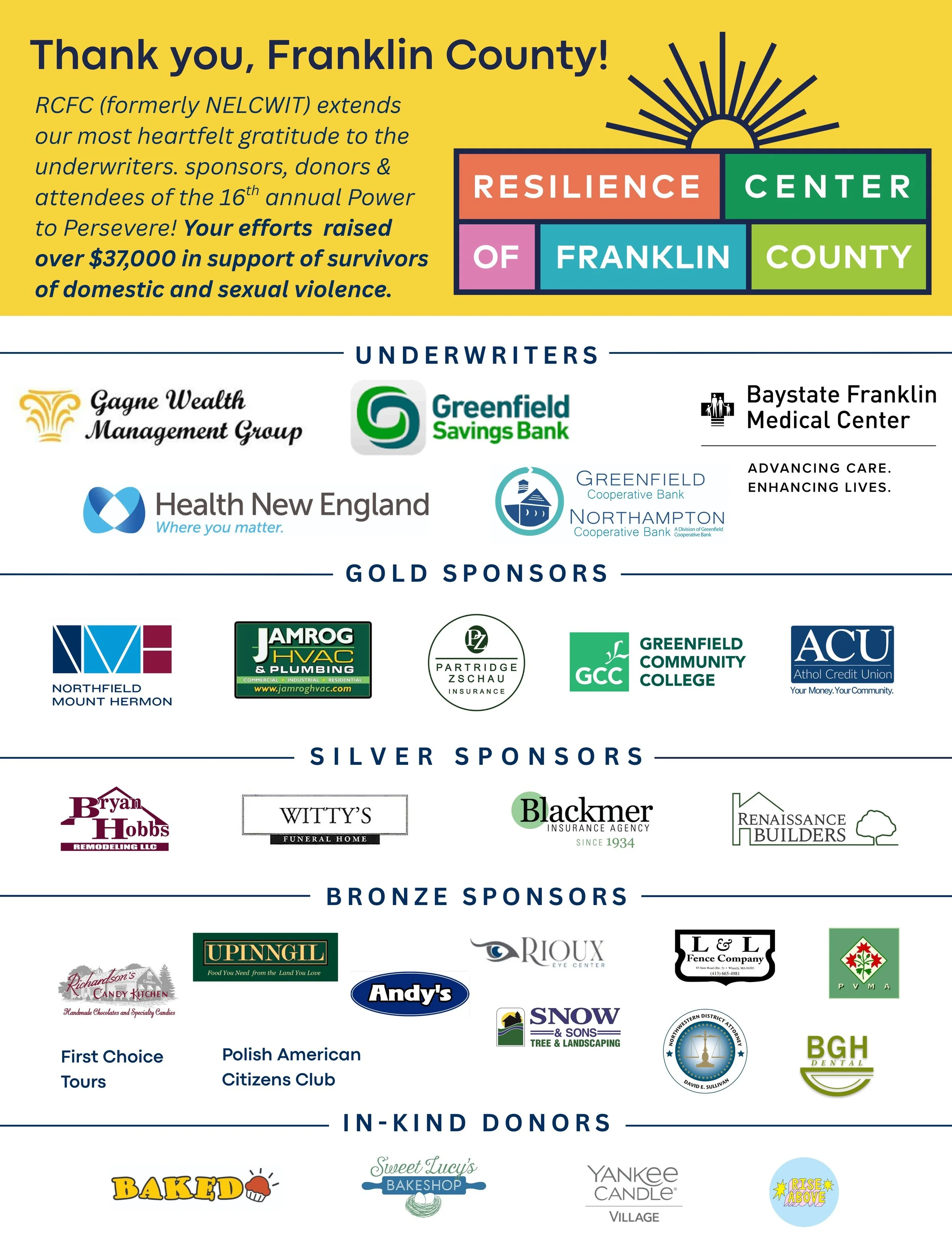 Thank you message to Franklin County for supporting a fundraising event. Logos of various sponsors and donors, categorized as Underwriters, Gold, Silver, Bronze sponsors, and In-Kind donors, are displayed on a colorful background.