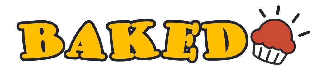 The word 'BAKED' in bold yellow letters with a cupcake illustration to the right, indicating baked goods or baking theme.