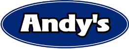 Logo of Andy's with bold white text inside a blue oval background.