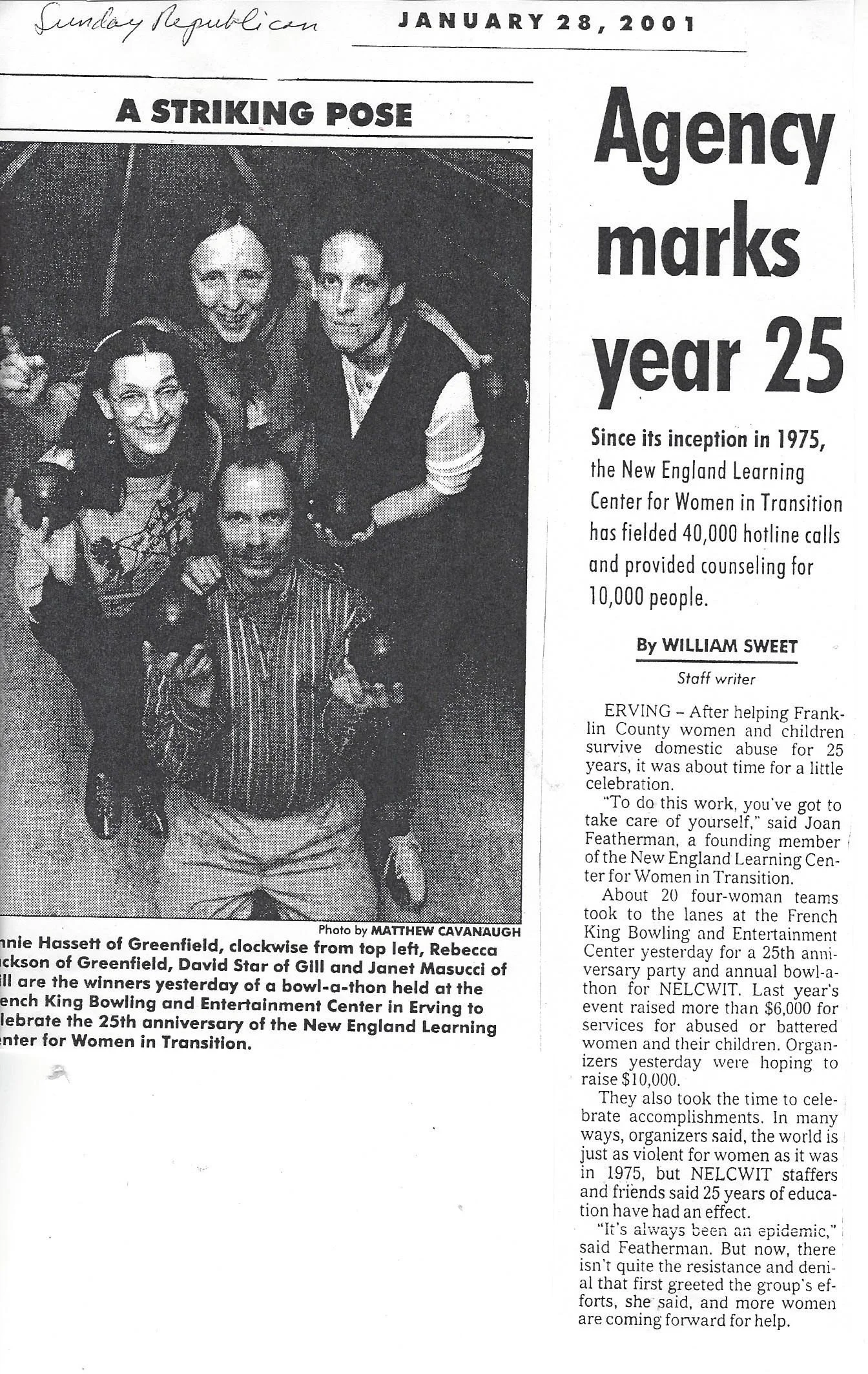 Black and white newspaper article from January 28, 2001, celebrating the 25th anniversary of the New England Learning Center for Women in Transition. The article features a photograph of five women, with one woman in the center holding apples and sur