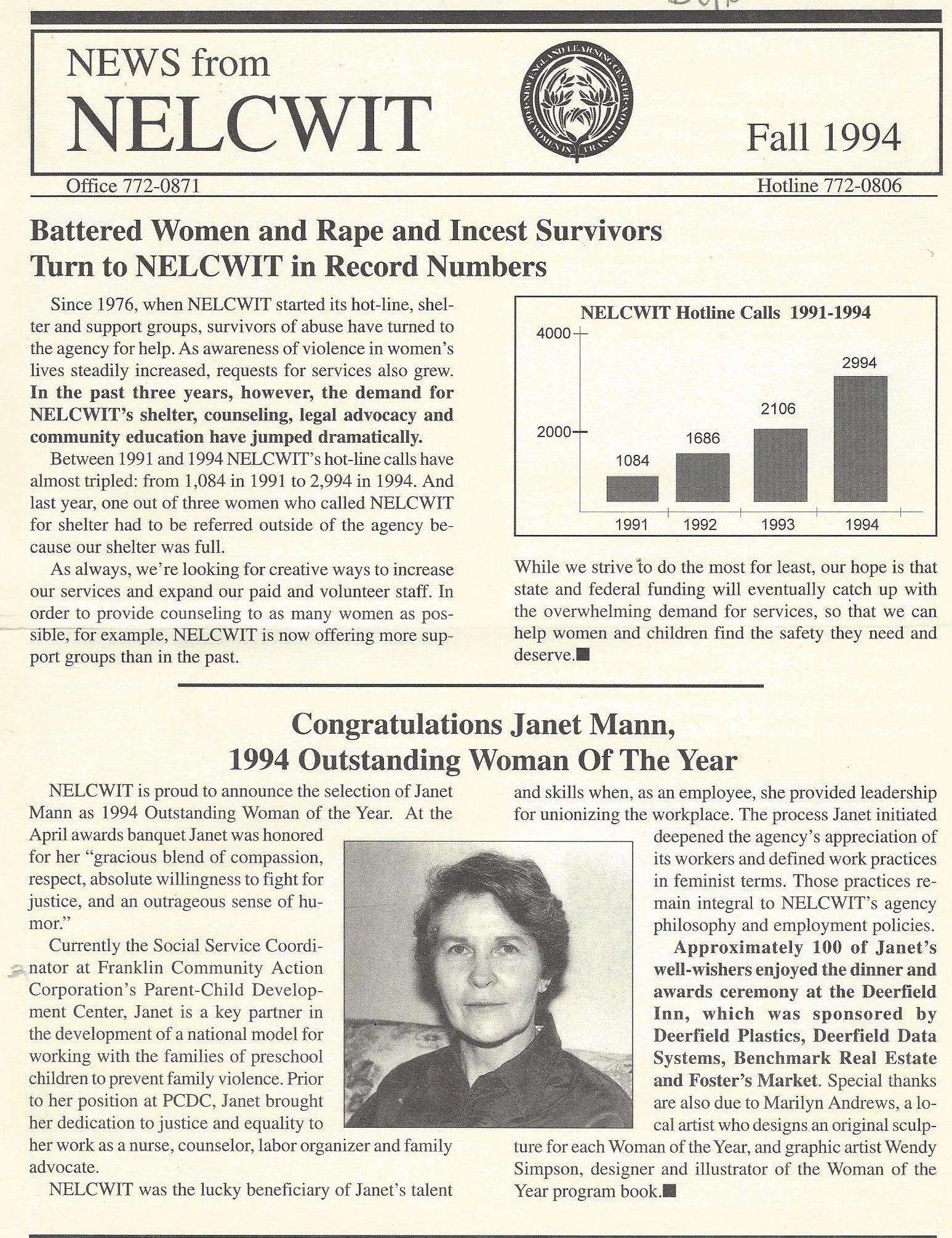 A newsletter page from NELCWIT, fall 1994, featuring a story on battered women, rape, and incest survivors, along with a graph showing hotline calls from 1991 to 1994, and a section celebrating Janet Mann as 1994 Woman of the Year with a black and wh