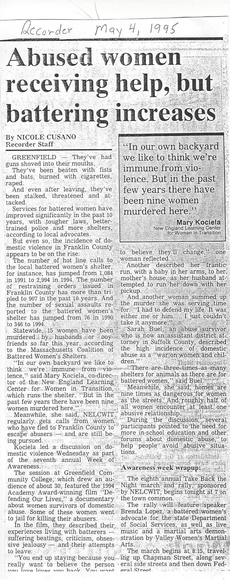 A newspaper article titled "Abused women receiving help, but battering increases" by Nicole Cusano, dated May 4, 1995, discussing domestic violence, women's shelters, and awareness efforts.