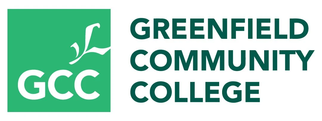 Greenfield Community College logo with green square containing a stylized white book and the initials 'GCC', and the college name in bold green text.