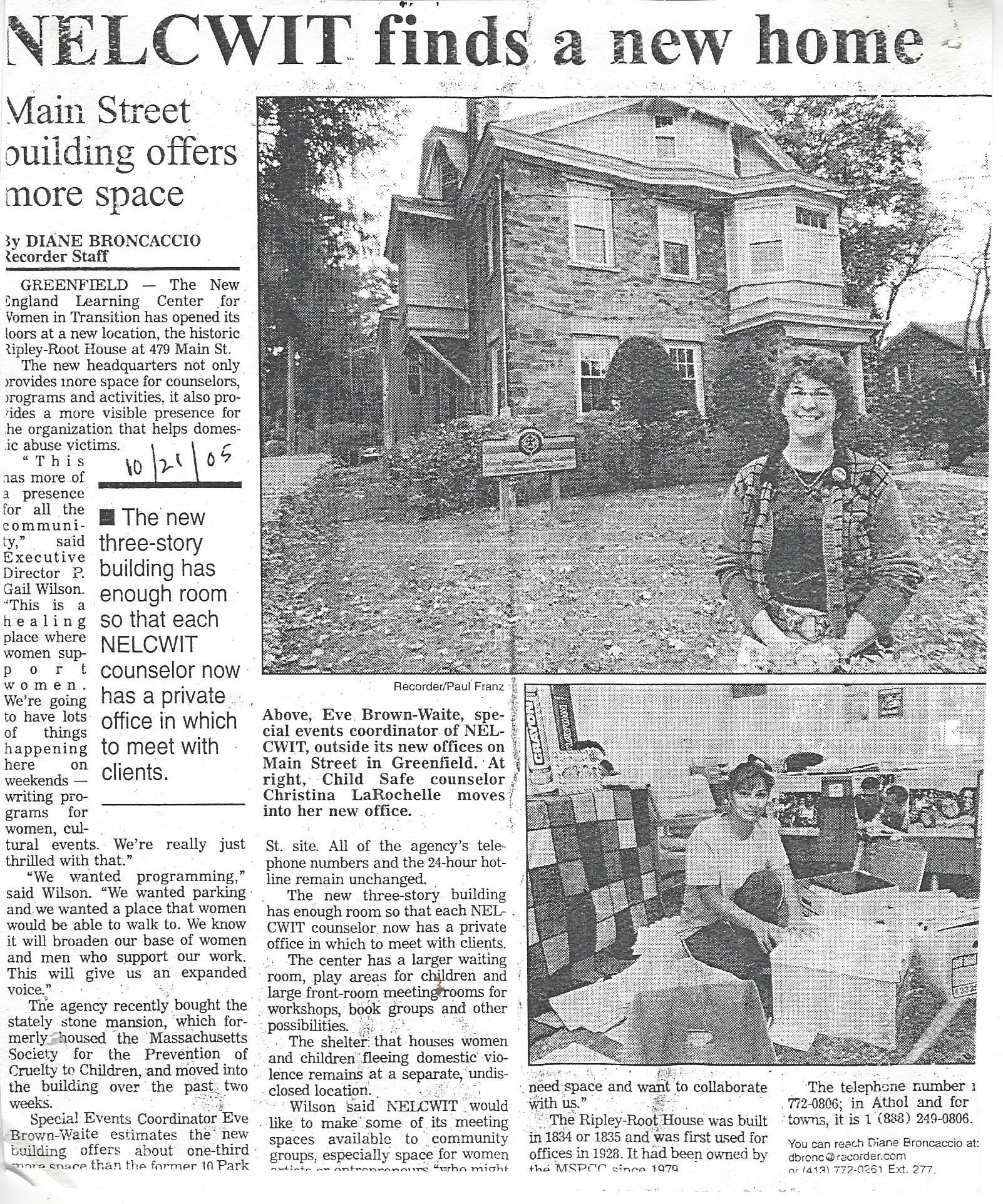 Black and white newspaper article with two photos about the New England Learning Center for Women in Transition moving to a new location. The first photo shows a smiling woman sitting in front of a large house with a small sign in the yard. The secon