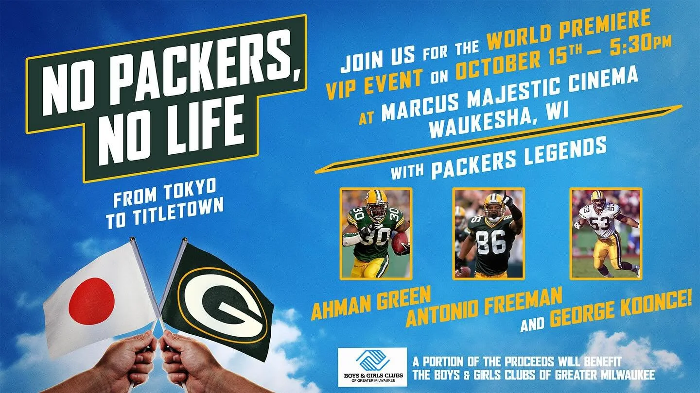 Meet Packers’ legend AHMAN GREEN at the VIP World Premiere of No Packers, No Life Wednesday, October 15th! He’s joining ANTONIO FREEMAN & GEORGE KOONCE along with members of the Japanese Packers Cheering Team all the way from Tokyo! A