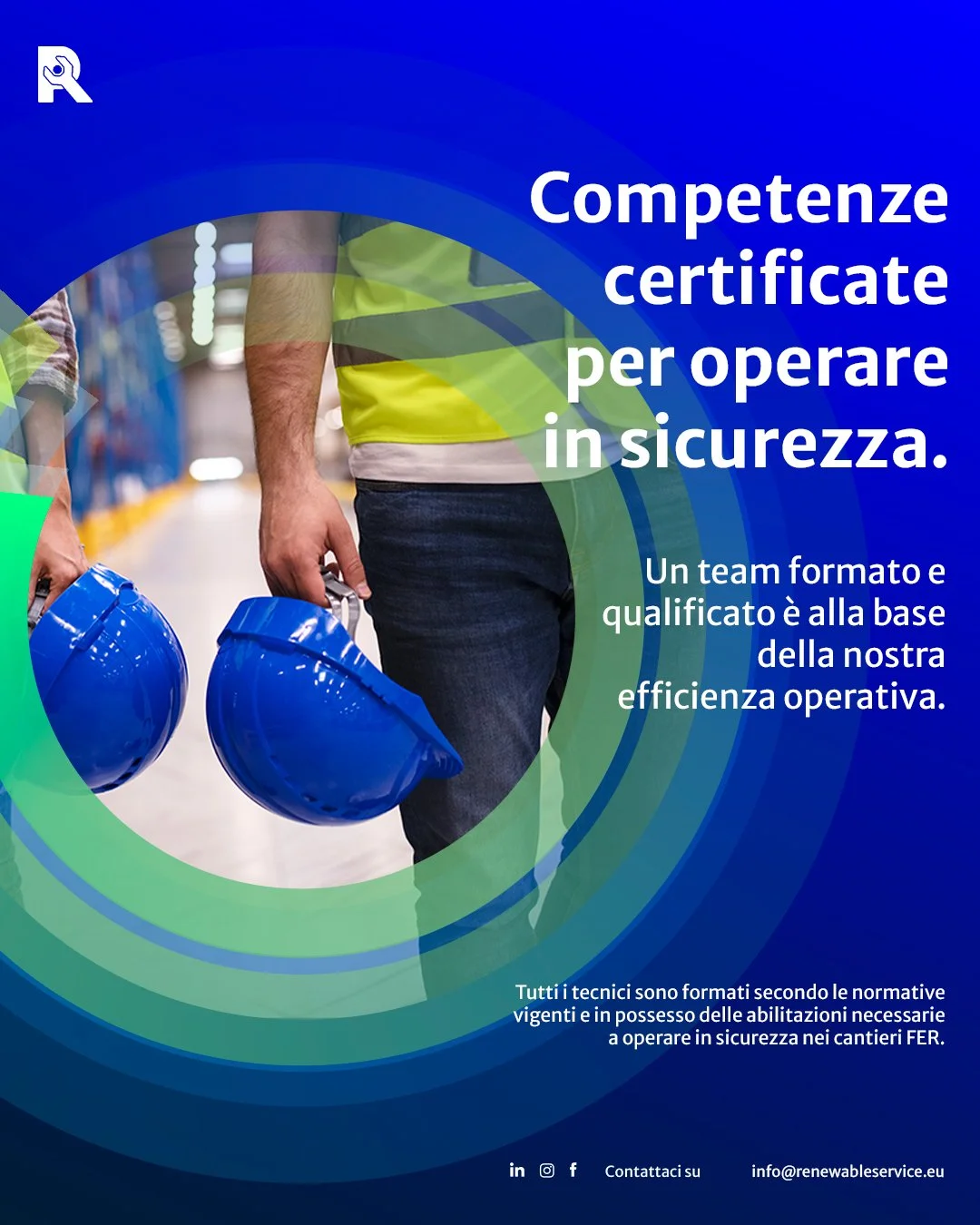 Un team formato e qualificato &egrave; alla base della nostra efficienza operativa.
Tutti i tecnici di Renewable Service sono formati secondo le normative vigenti e in possesso delle abilitazioni necessarie per operare in sicurezza nei cantieri FER.
