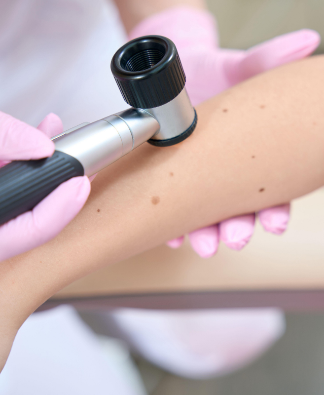 A healthcare professional uses a dermatoscope to examine a patient's arm for skin issues, with the patient’s arm resting on a surface, wearing pink gloves.