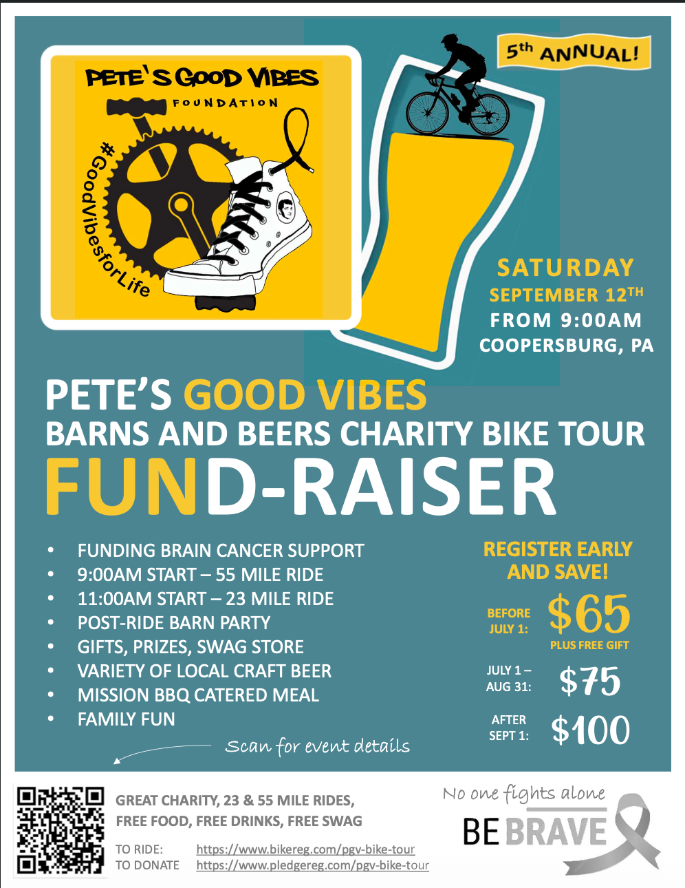 2026 Flyer about Pete's Good Vibes Bike Tour with a second page that has information about sponsorship