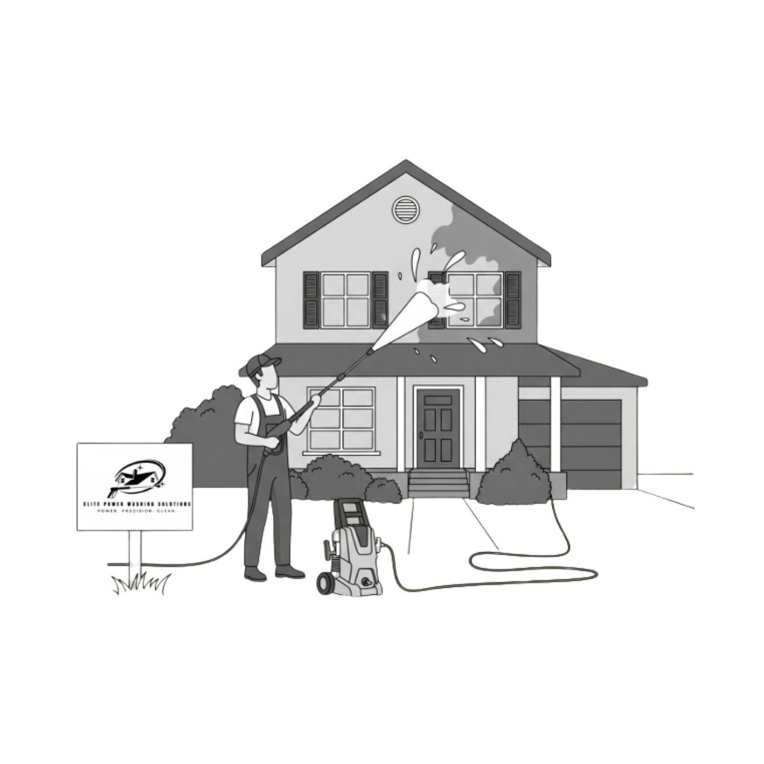 A person cleaning soot from a house's chimney with a high-pressure washer, connected to a power washer, outdoors in front of a two-story house.