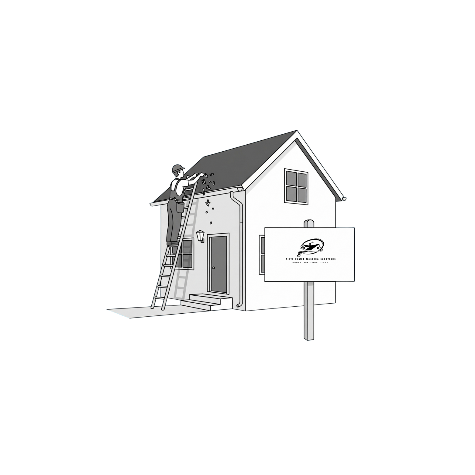 A person cleaning the roof of a house with a ladder, with a signboard in front of the house reading 'Elite Power Washing Solutions'.