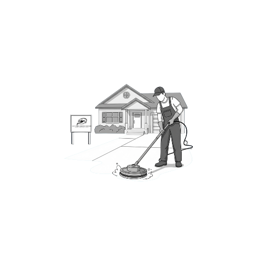 A pest control technician in uniform uses a handheld device to spray pesticide on the lawn outside a house.