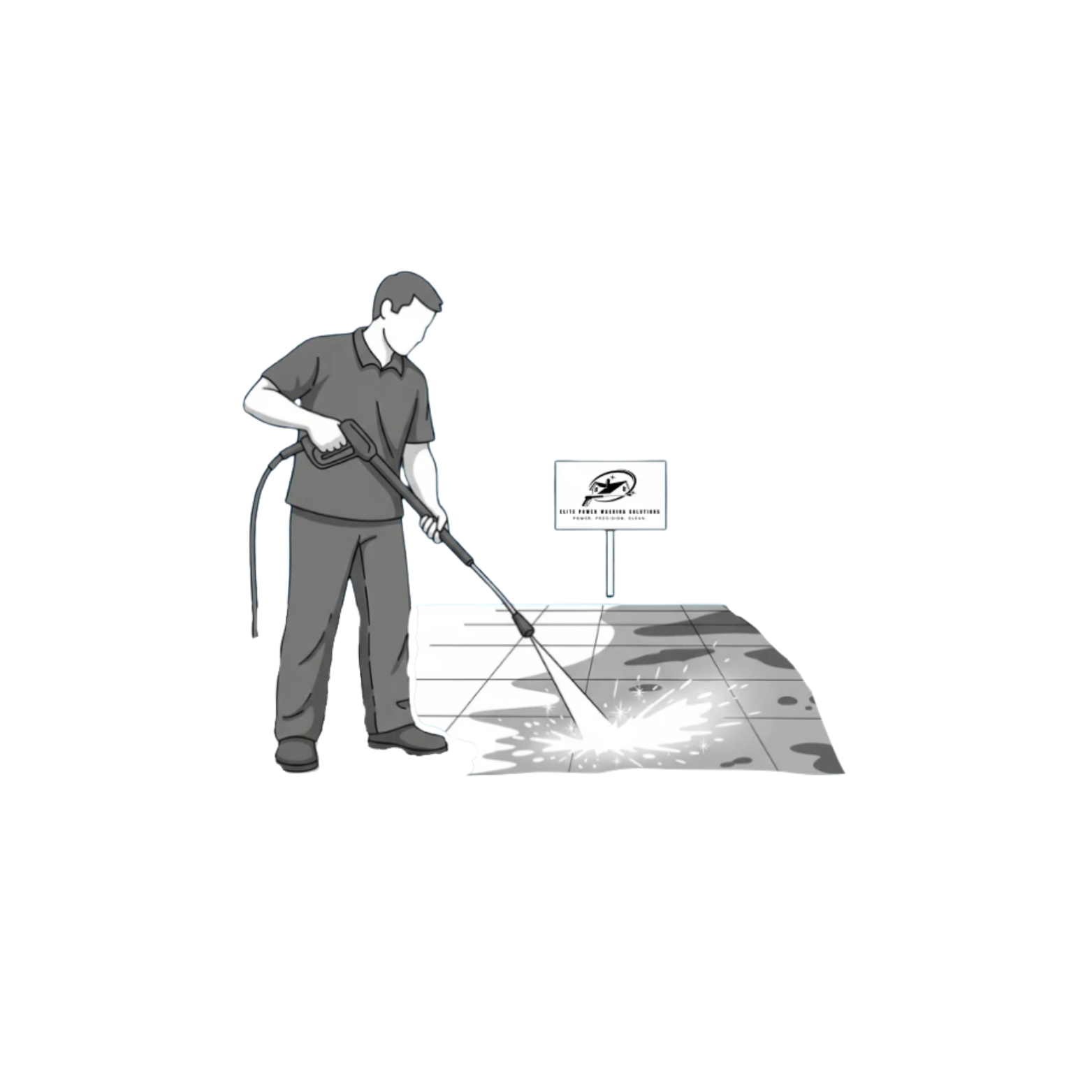 A man cleaning a floor with a pressure washer, creating a splash of water.