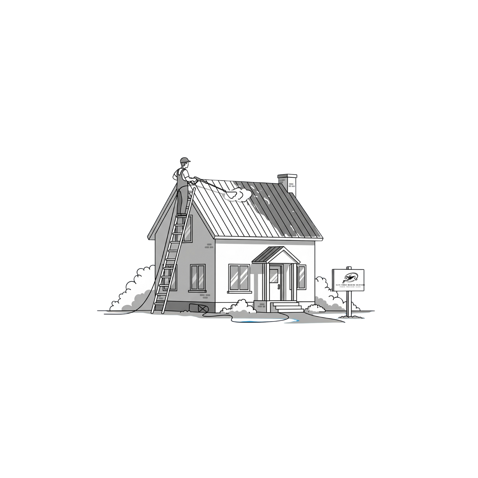 Cartoon illustration of a person cleaning a house roof with a pressure washer, including a ladder and a yard sign.