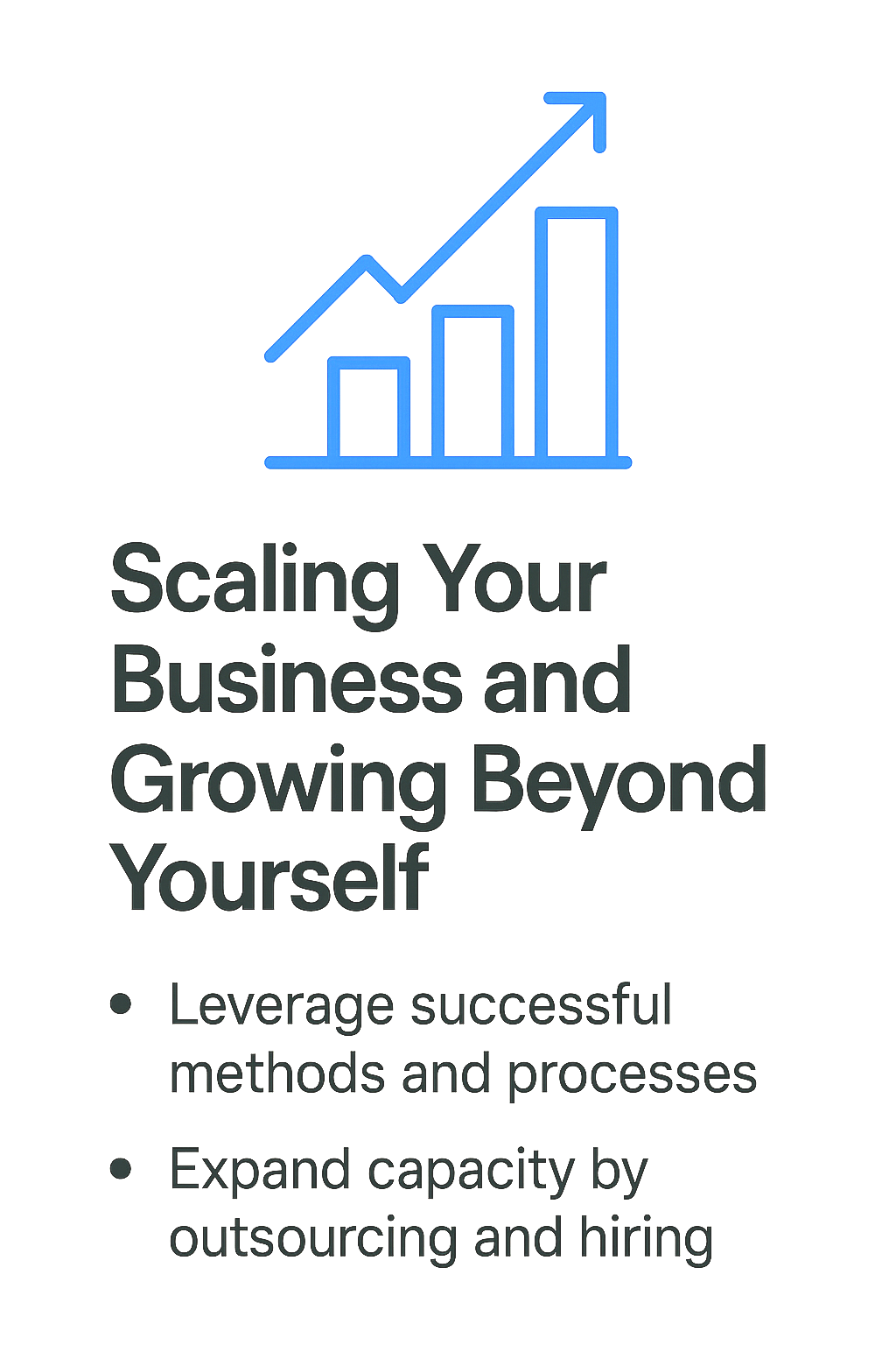 A blue line graph with an upward arrow, and bold black text that reads 'Scaling Your Business and Growing Beyond Yourself.' Below the main text are two bullet points: 'Leverage successful methods and processes' and 'Expand capacity by outsourcing and hiring.'