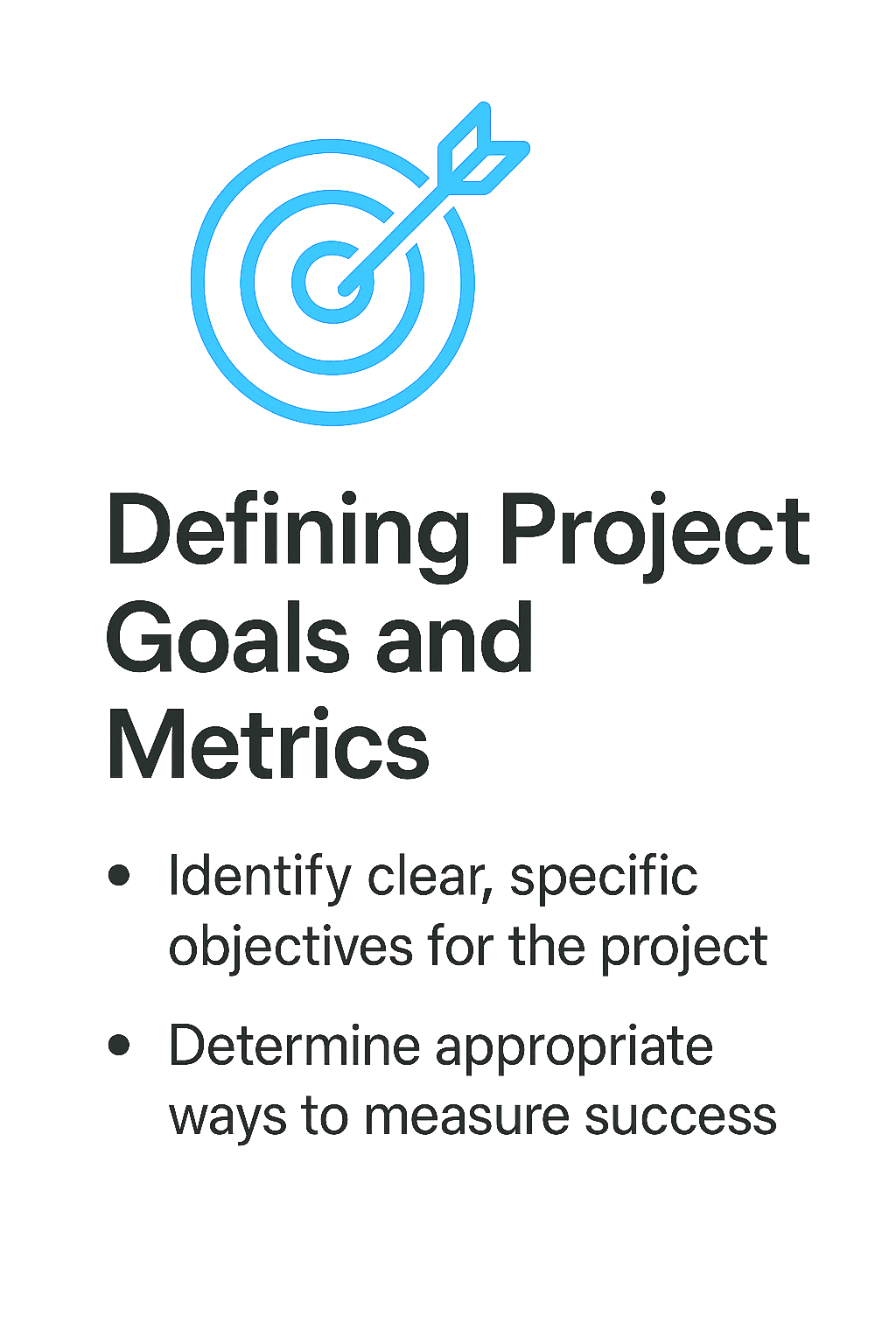 Blue icon of a target with an arrow hitting the center, accompanied by text about defining project goals and metrics, including objectives and success measurement.