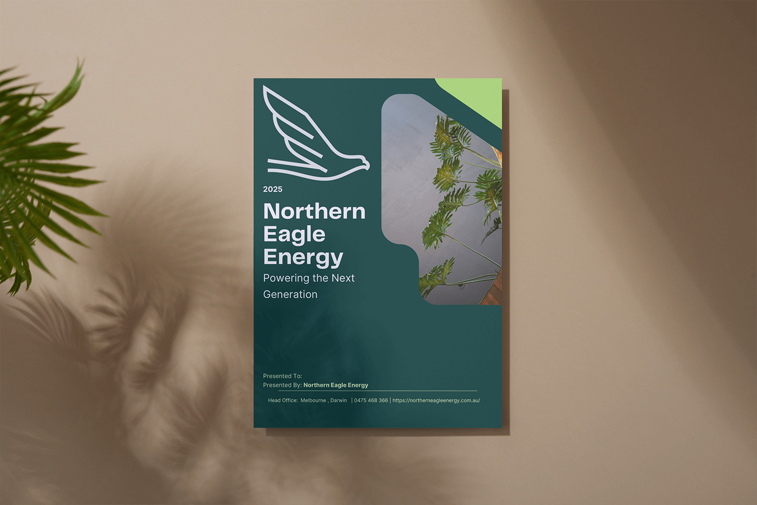 A Capability Statement from Northern Eagle Energy featuring a stylised eagle logo, green and dark teal color scheme, and an image of green plants inside a glass container, on a beige surface with a plant shadow and leaves nearby.